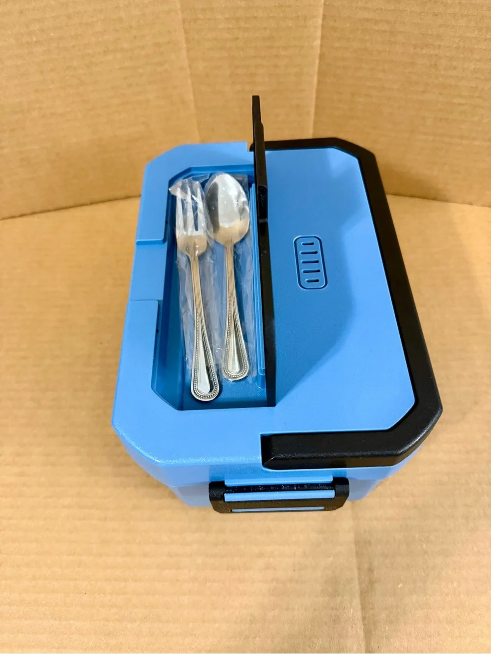 Portable Blue Travel Heated Lunch Box with Digital Control and Gray Carry Bag